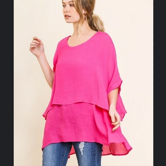 Umgee Lagenlook Hot Pink Solid Overlayer Oversized Tunic Blouse Top Women Size M - Picture 1 of 6
